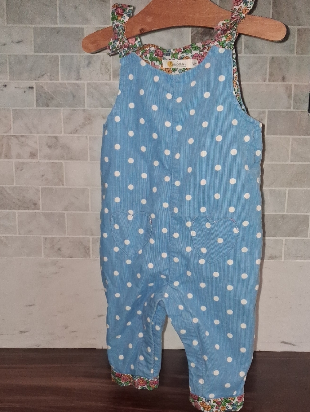 Baby BODEN Blue Polka Dot Kids Overalls - Floral Trim Sz 6-12 Months